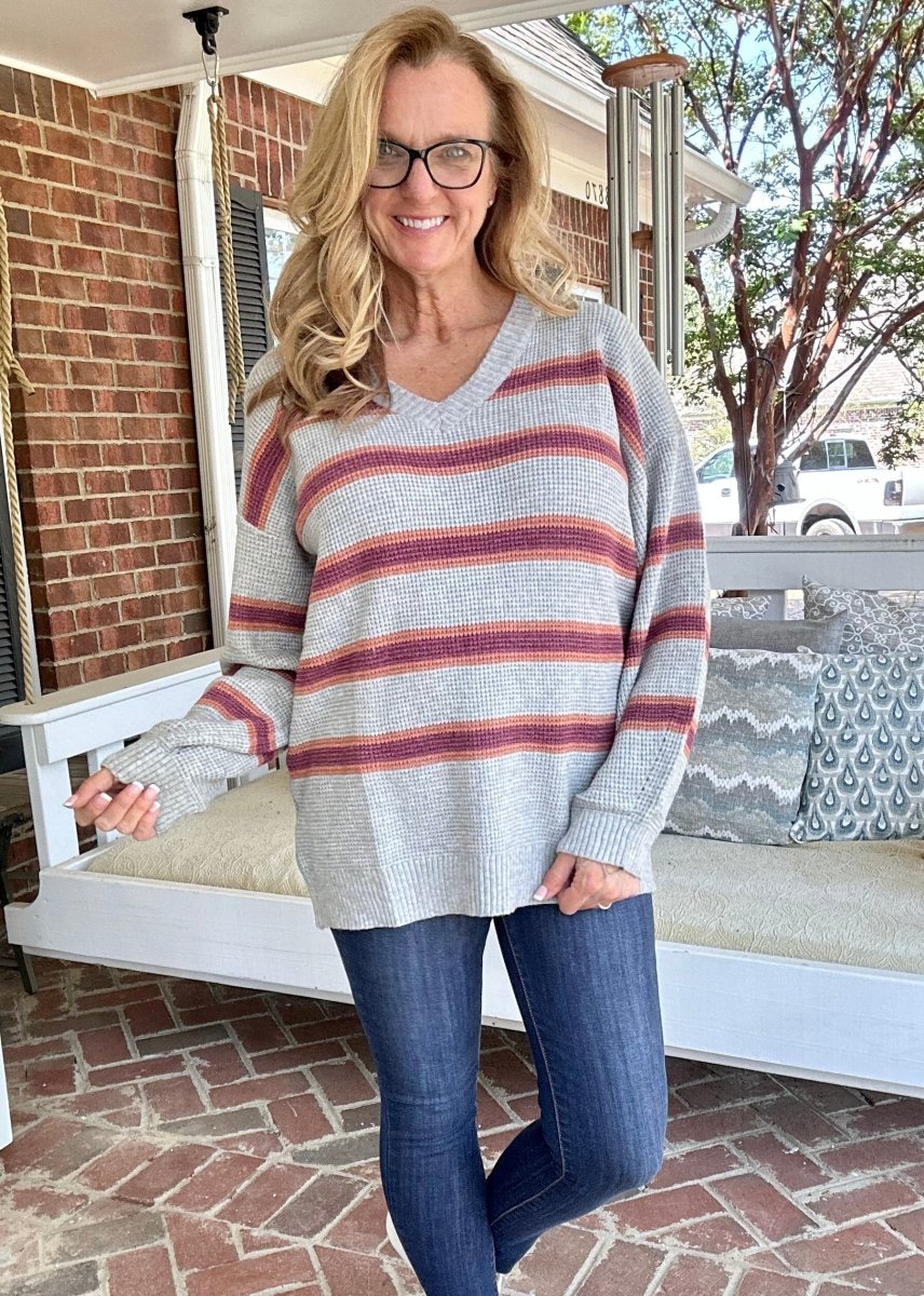 Easel | Striped | V Neck | Loose Fit | Sweater - sweater - Jimberly's Boutique