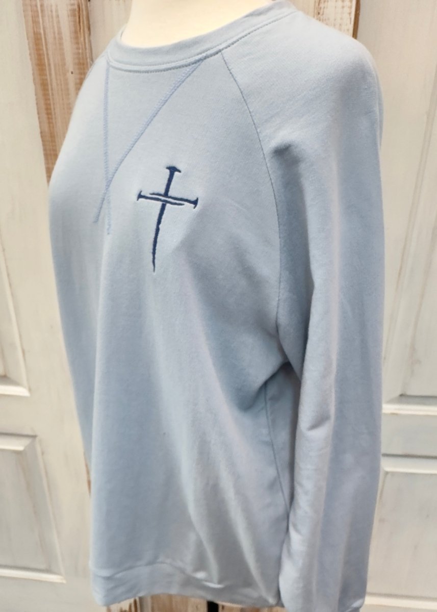 Embroidered Cross of Nails French Terry Raglan Pullover - Ash Blue - Embroidered Lightweight Sweatshirt - Jimberly's Boutique