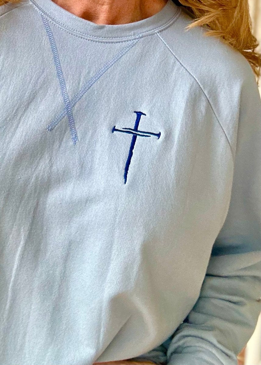 Embroidered Cross of Nails French Terry Raglan Pullover - Ash Blue - Embroidered Lightweight Sweatshirt - Jimberly's Boutique