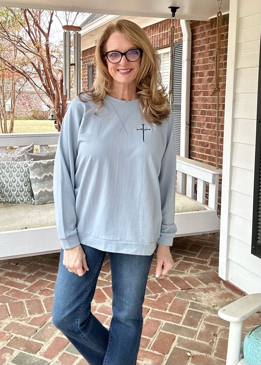 Embroidered Cross of Nails French Terry Raglan Pullover - Ash Blue - Embroidered Lightweight Sweatshirt - Jimberly's Boutique