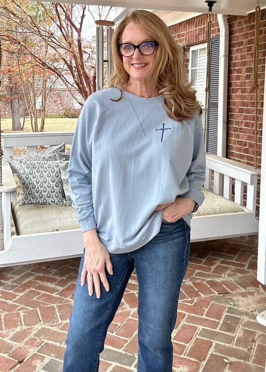 Embroidered Cross of Nails French Terry Raglan Pullover - Ash Blue - Embroidered Lightweight Sweatshirt - Jimberly's Boutique
