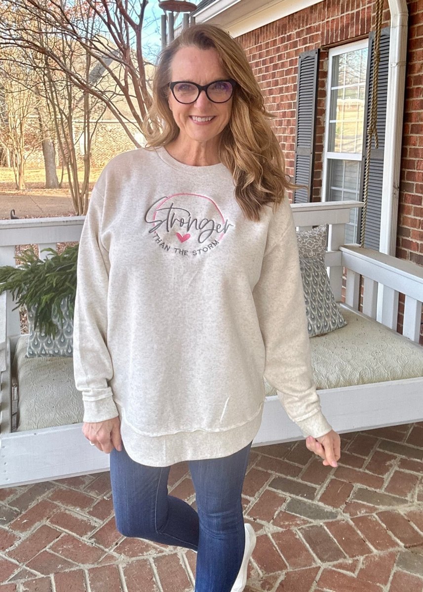 Embroidered Stronger Than The Storm Pullover - Natural Heather - Embroidered Sweatshirt -Jimberly's Boutique-Olive Branch-Mississippi