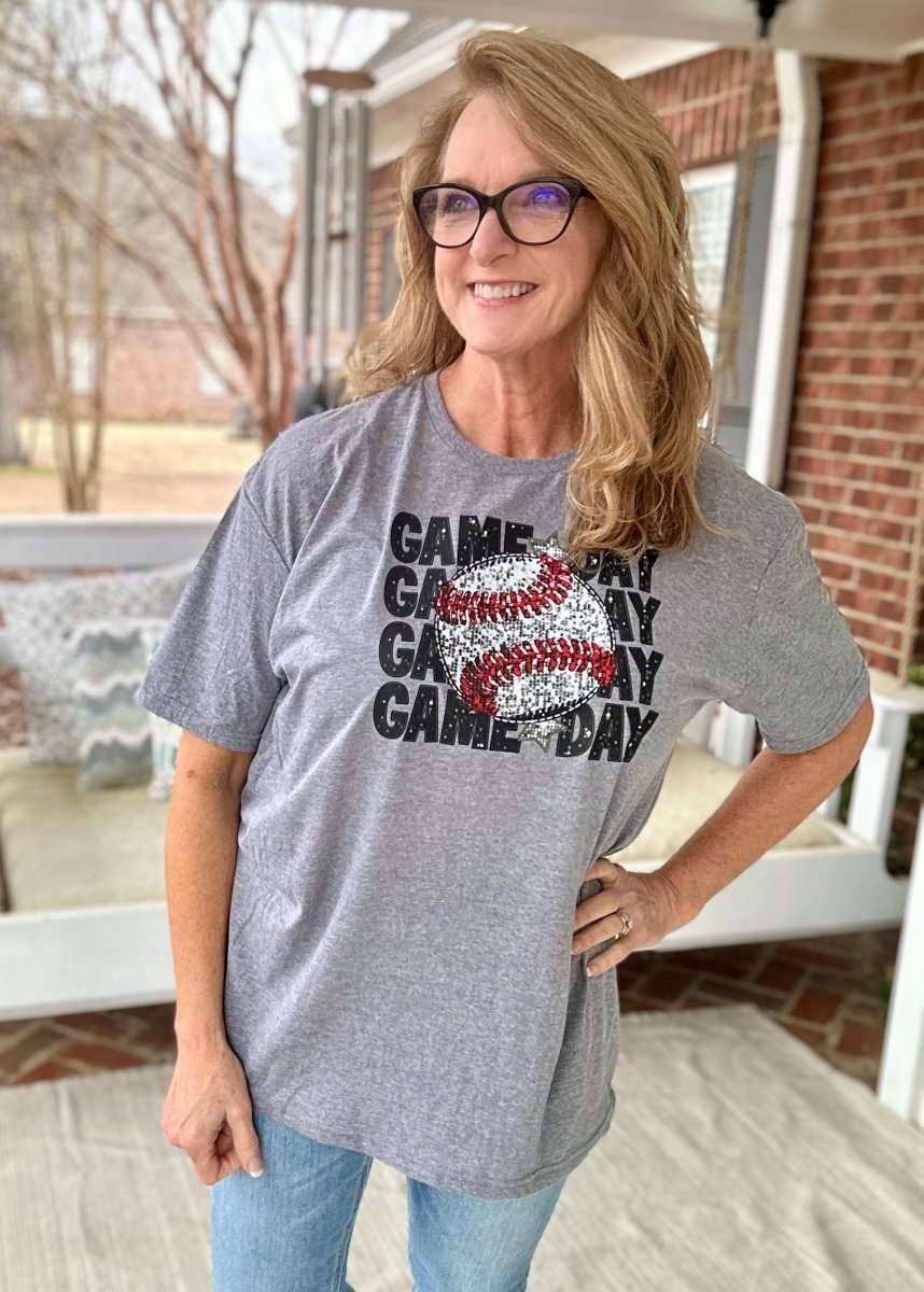 Faux Sequin Baseball Game Day Graphic Tee - Gildan Soft Style Graphic Tee -Jimberly's Boutique-Olive Branch-Mississippi