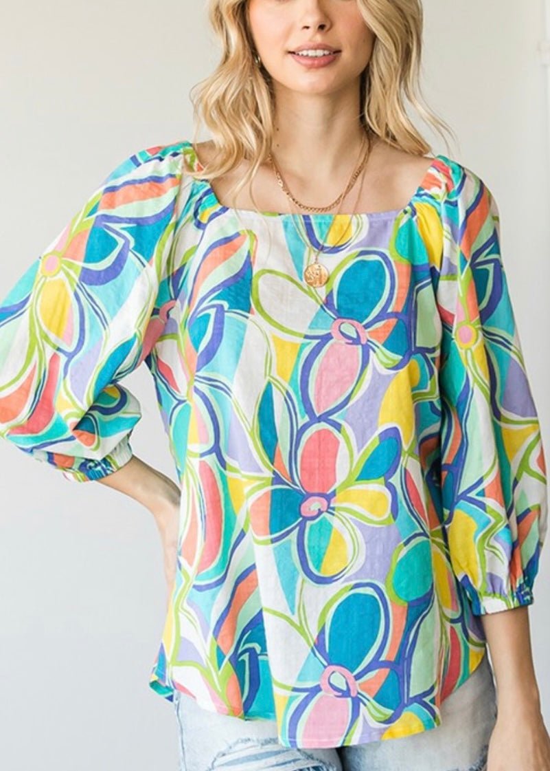 Flower Power Square Neck Top - Blue/Mint - Jimberly's Boutique