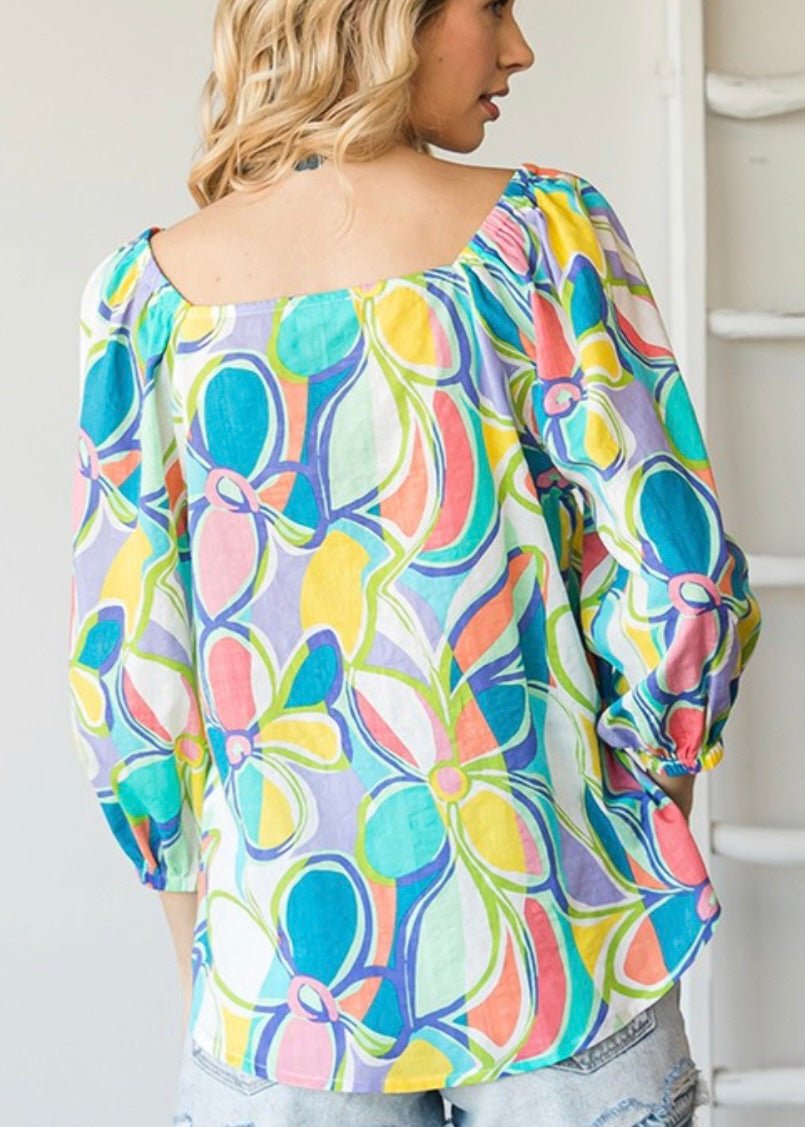 Flower Power Square Neck Top - Blue/Mint - Jimberly's Boutique