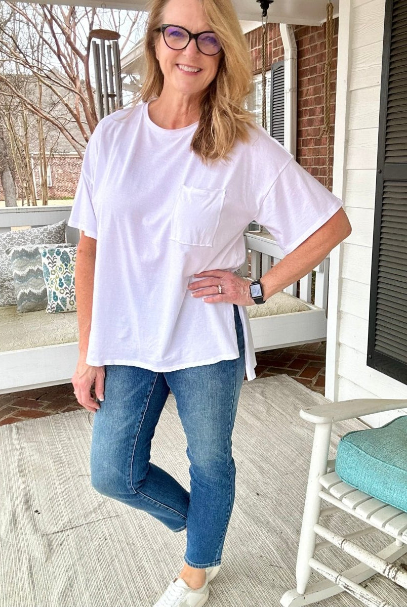 Front Pocket Raw Edge Boyfriend Tee - White - Casual Top -Jimberly's Boutique-Olive Branch-Mississippi