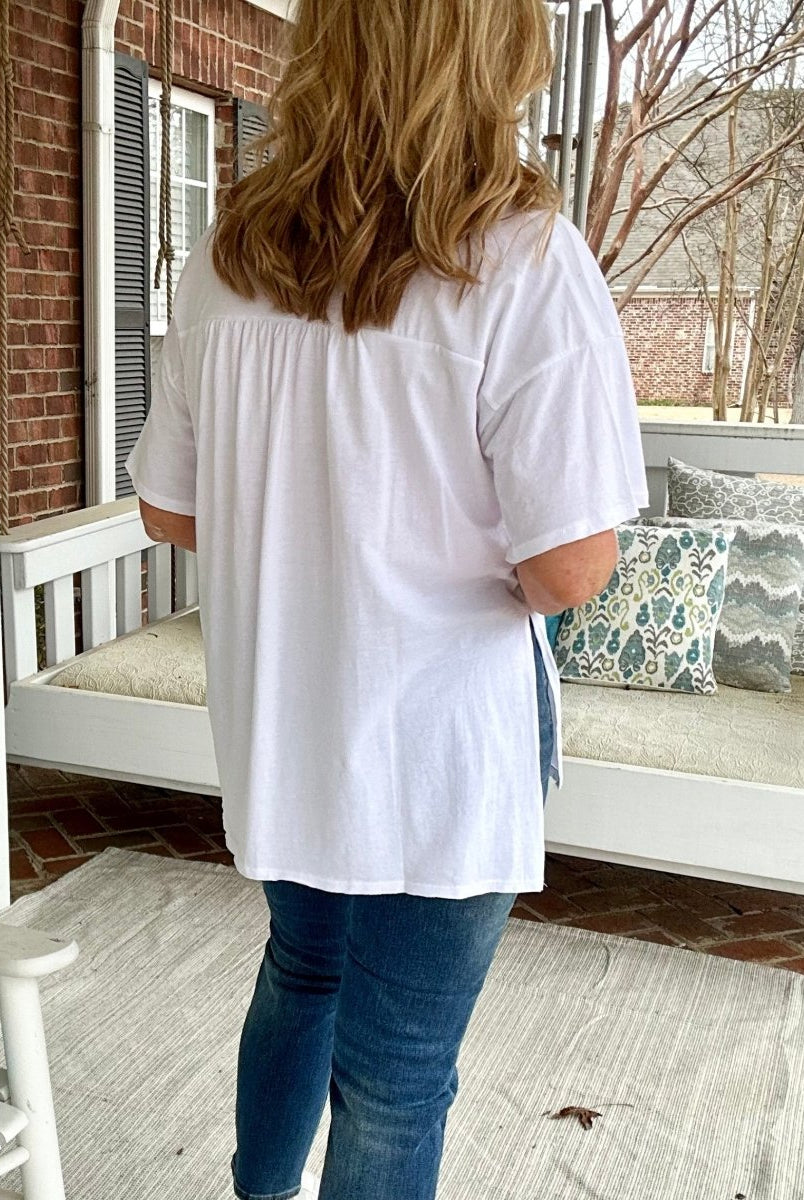 Front Pocket Raw Edge Boyfriend Tee - White - Casual Top -Jimberly's Boutique-Olive Branch-Mississippi