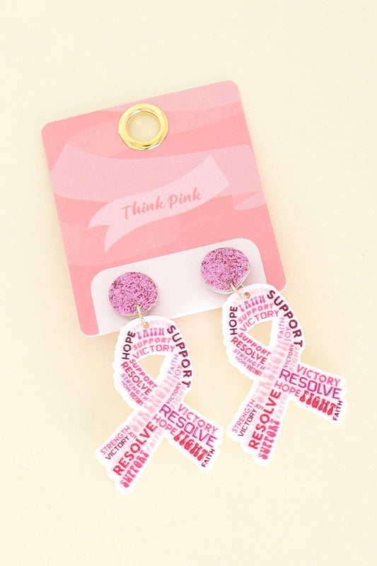 Glitter Pink Ribbon Affirmations Acrylic Earrings - earrings - Jimberly's Boutique