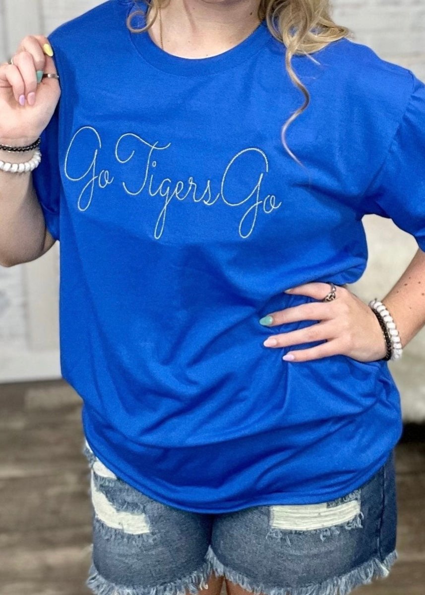 Go Tigers Go Embroidered Tee - Blue - Jimberly's Boutique
