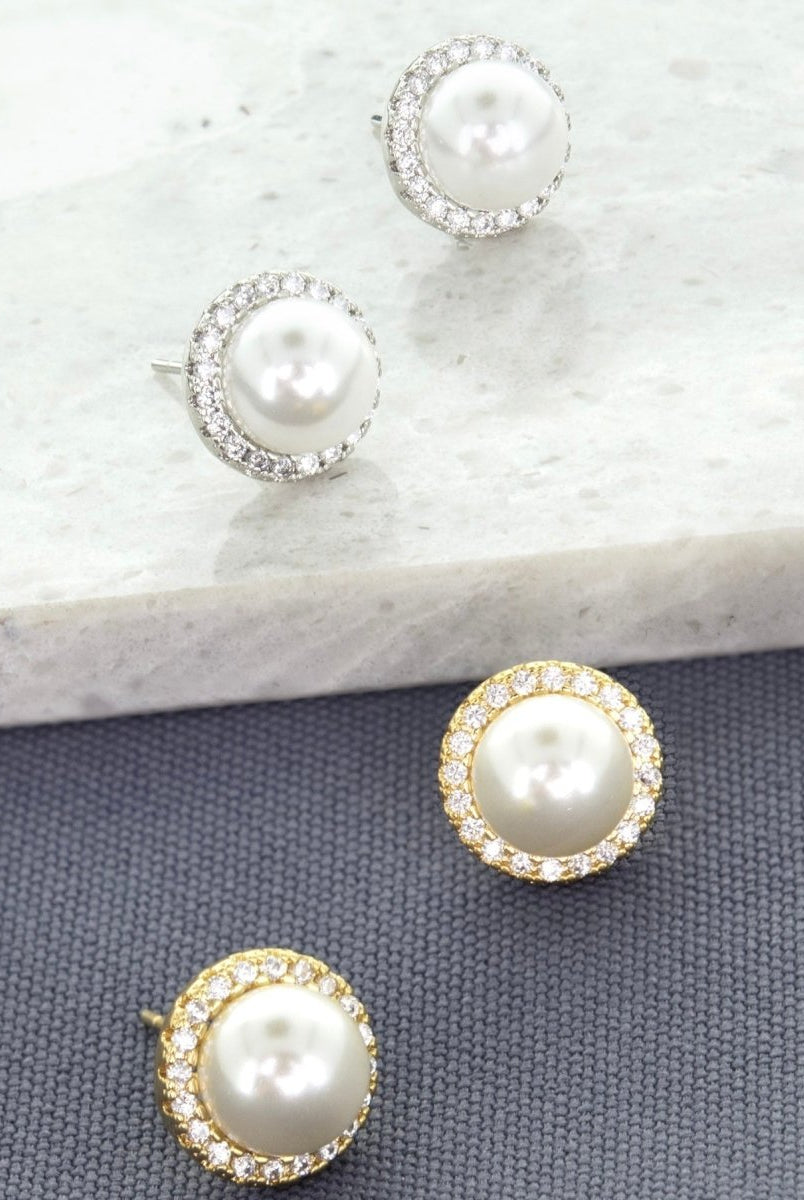 GOLD PLATED CZ PAVE PEARL HALO STUD EARRINGS - earrings -Jimberly's Boutique-Olive Branch-Mississippi