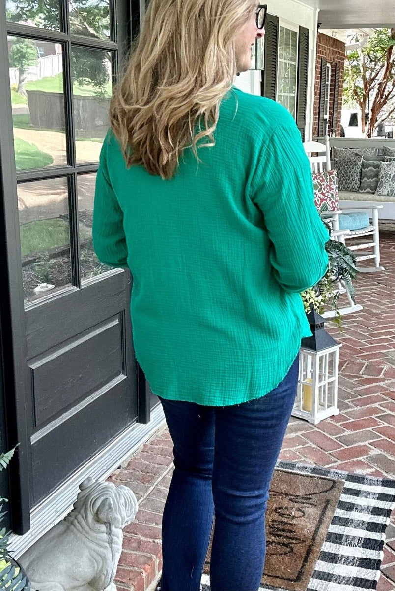 Griffin Gauze Button Down Shirt - Kelly Green - -Jimberly's Boutique-Olive Branch-Mississippi