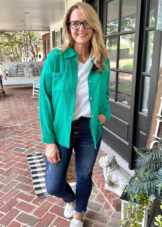 Griffin Gauze Button Down Shirt - Kelly Green - Jimberly's Boutique