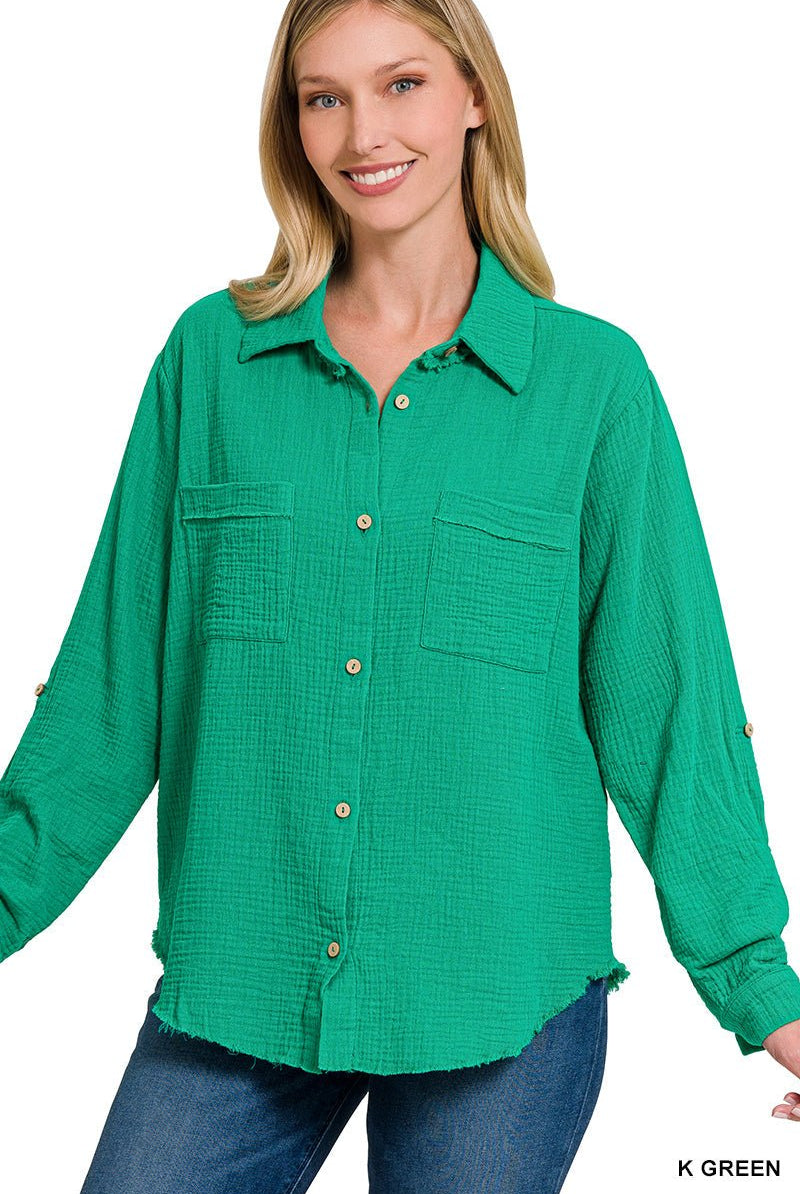 Griffin Gauze Button Down Shirt - Kelly Green - -Jimberly's Boutique-Olive Branch-Mississippi