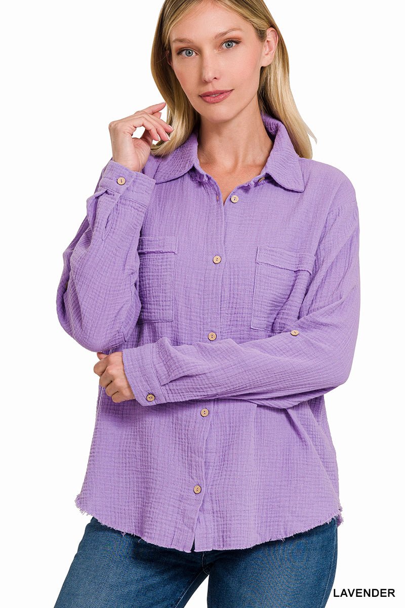 Griffin Gauze Button Down Shirt - Lavender - Jimberly's Boutique