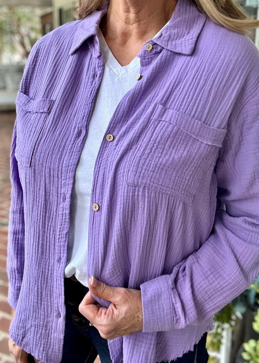 Griffin Gauze Button Down Shirt - Lavender - Jimberly's Boutique