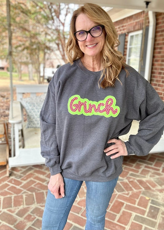 Grinch Double Applique' Sweatshirt - Dark Heather Grey - Grinch Sweatshirt - Jimberly's Boutique
