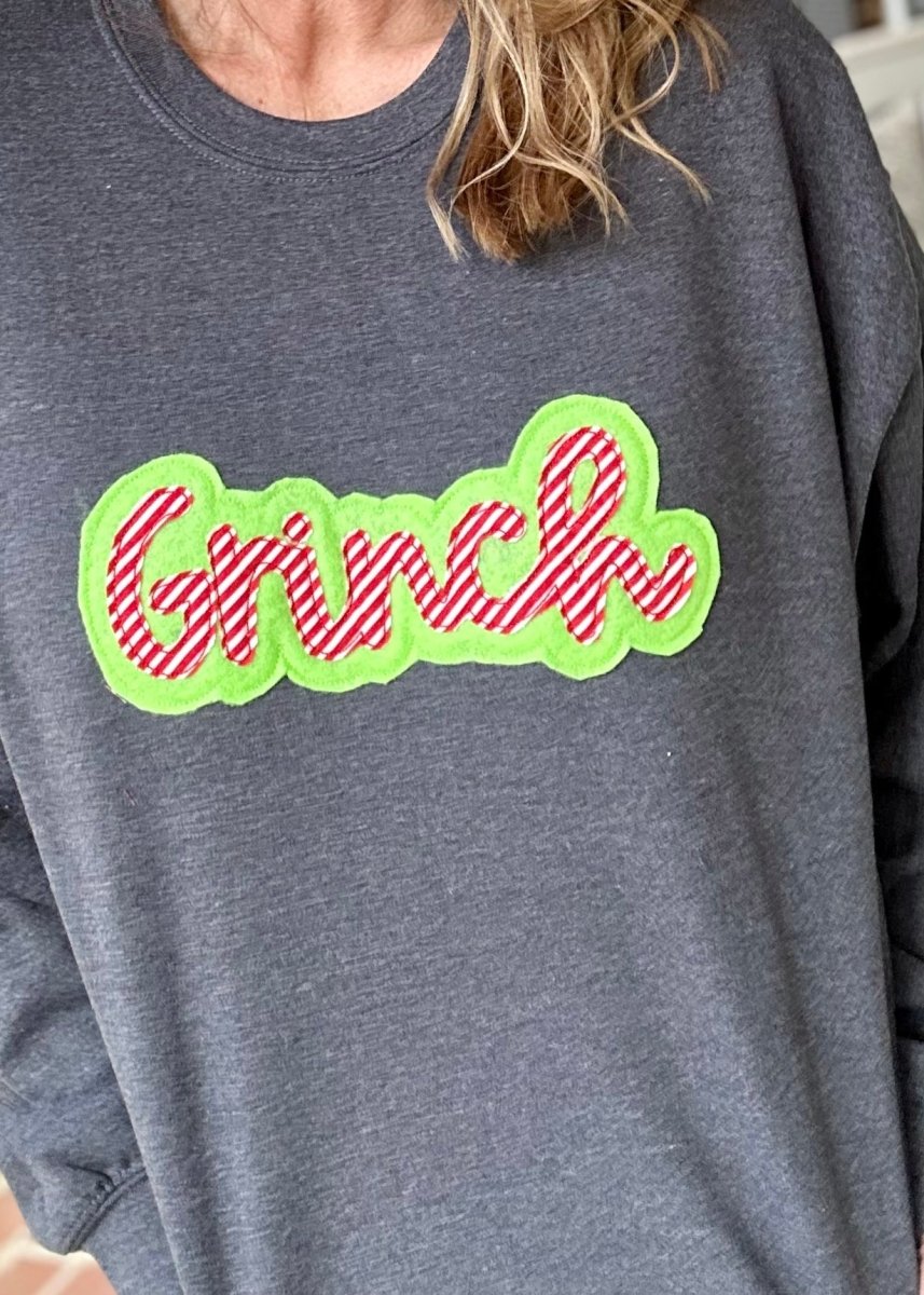 Grinch Double Applique' Sweatshirt - Dark Heather Grey - Grinch Sweatshirt - Jimberly's Boutique