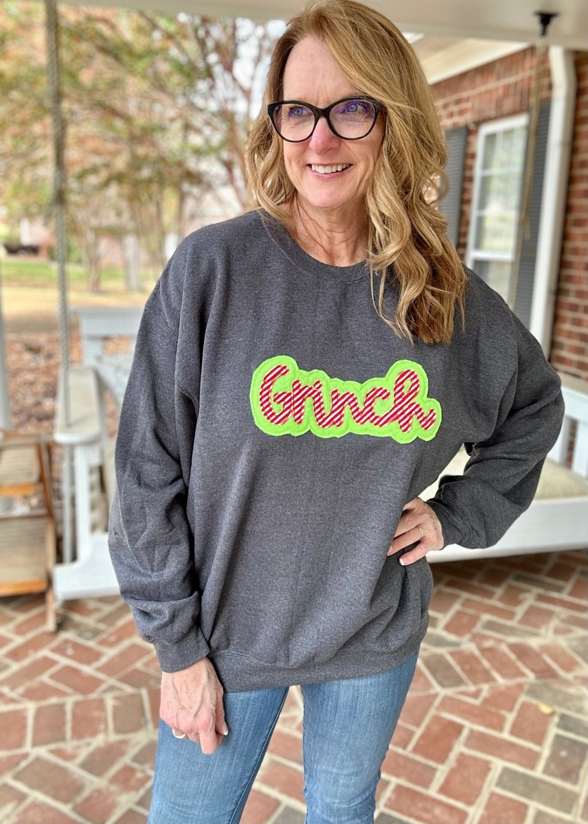 Grinch Double Applique' Sweatshirt - Dark Heather Grey - Grinch Sweatshirt - Jimberly's Boutique