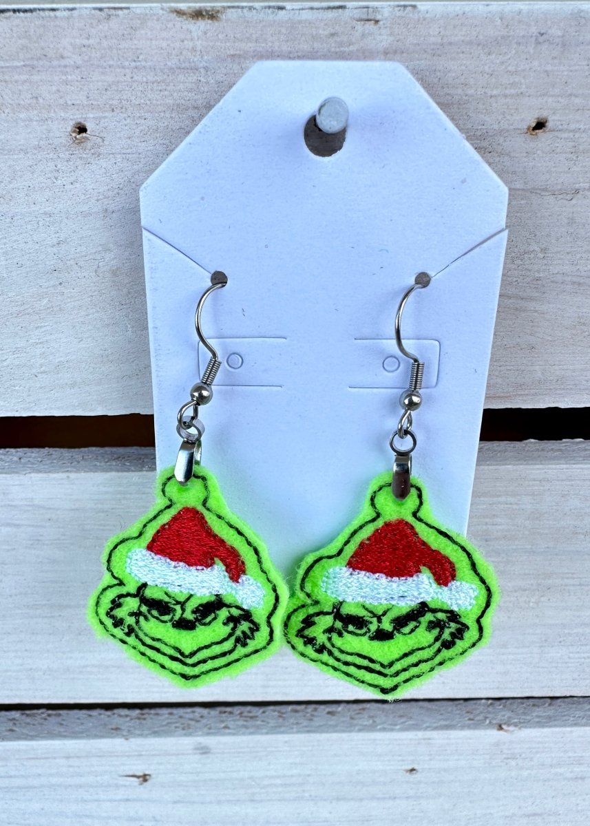Grinch Embroidered Dangle Earrings - Grinch Earrings - Jimberly's Boutique