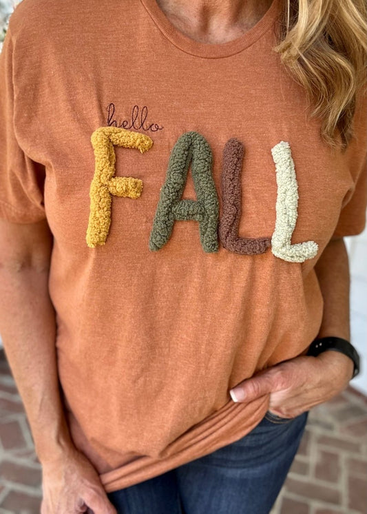 Hello Fall Chenille Applique' Tee/Top - Graphic Tee - Jimberly's Boutique