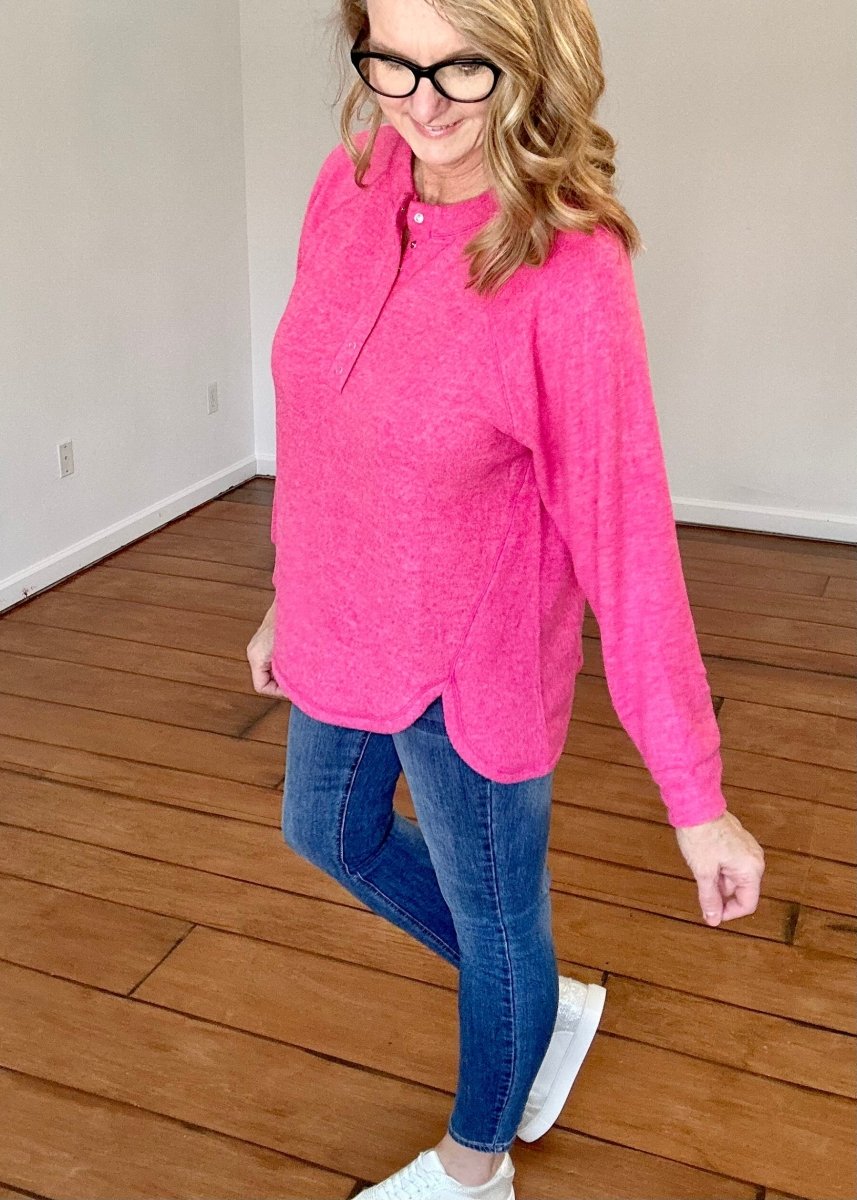 Henley Placket Sweater - Fuchsia | Zenana - Casual Sweater -Jimberly's Boutique-Olive Branch-Mississippi