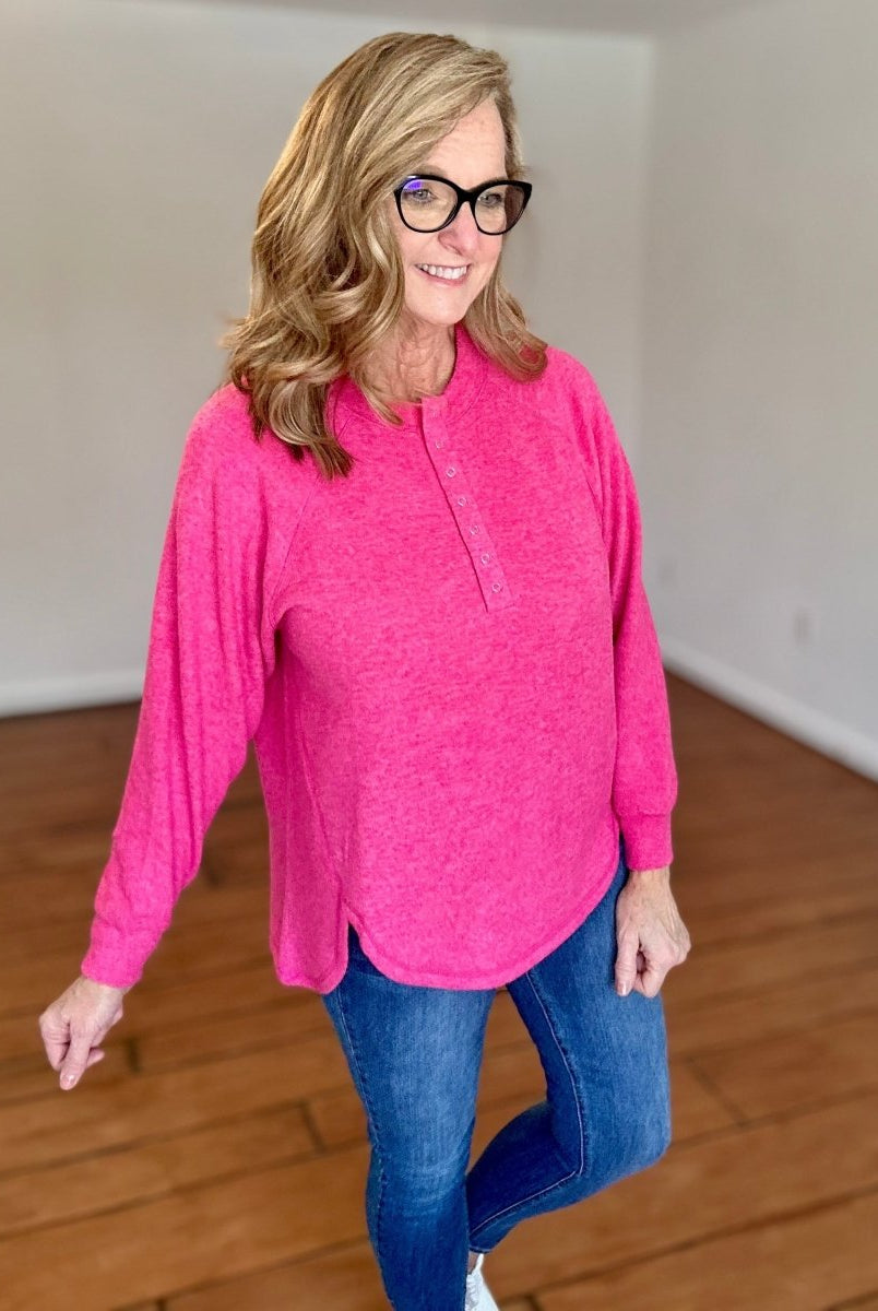 Henley Placket Sweater - Fuchsia | Zenana - Casual Sweater -Jimberly's Boutique-Olive Branch-Mississippi