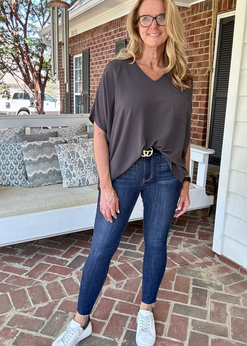 It Just Comes Natural V Neck Top - Ash Grey - Casual Top - Jimberly's Boutique