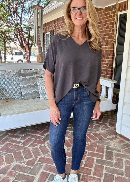 It Just Comes Natural V Neck Top - Ash Grey - Casual Top - Jimberly's Boutique
