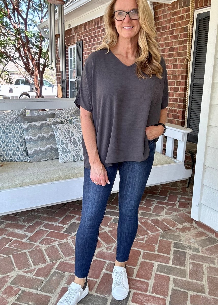 It Just Comes Natural V Neck Top - Ash Grey - Casual Top - Jimberly's Boutique