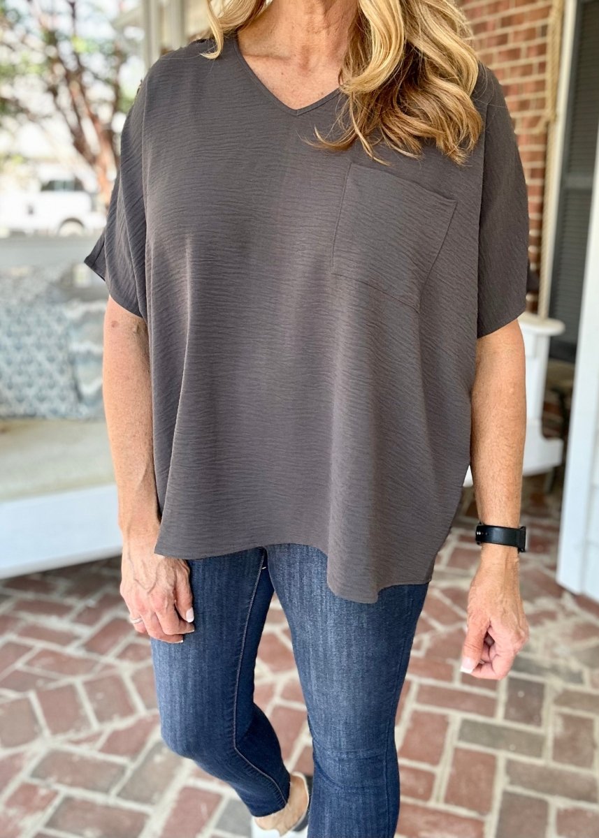It Just Comes Natural V Neck Top - Ash Grey - Casual Top - Jimberly's Boutique
