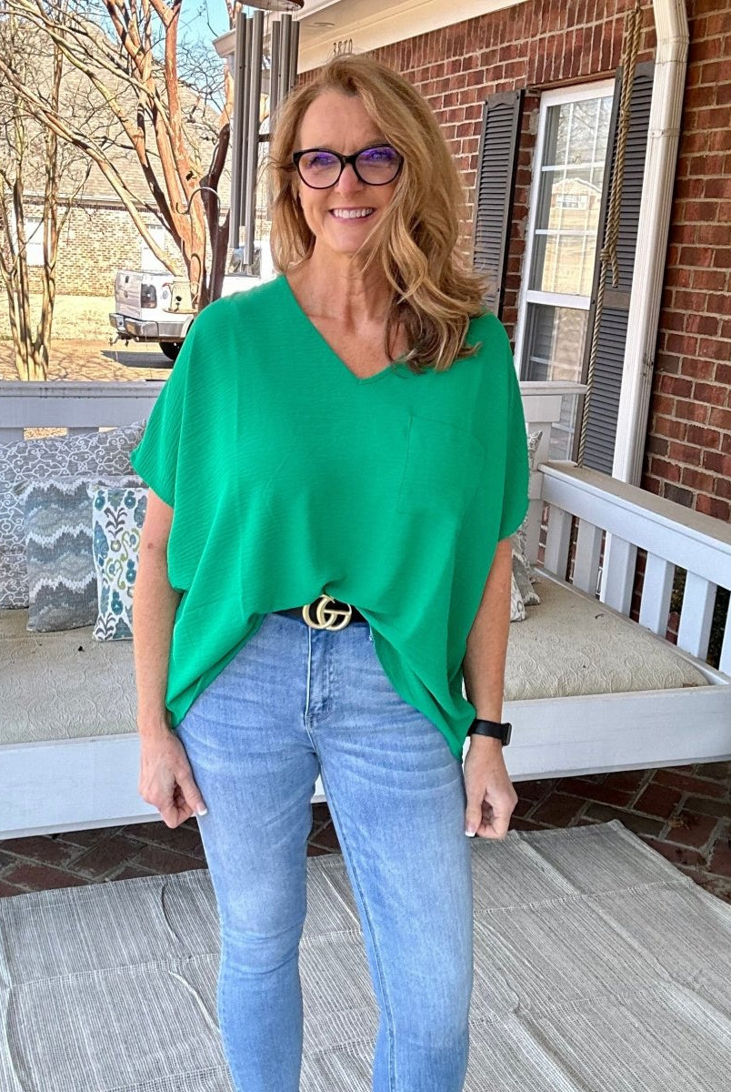 It Just Comes Natural V Neck Top - Kelly Green - Casual Top -Jimberly's Boutique-Olive Branch-Mississippi