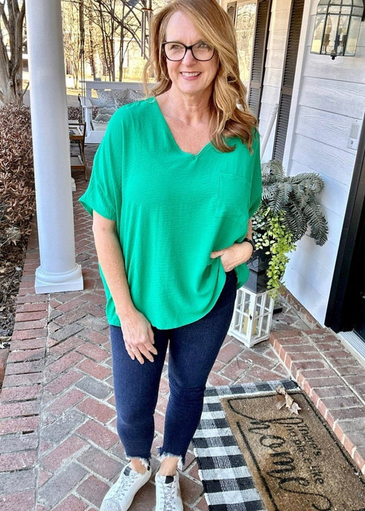 It Just Comes Natural V Neck Top - Kelly Green - Jimberly's Boutique