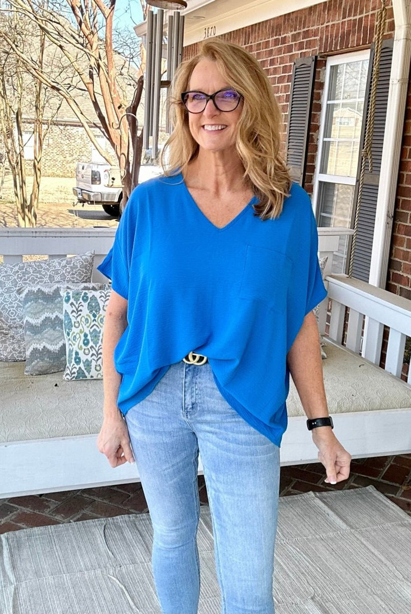 It Just Comes Natural V Neck Top - Ocean Blue - Casual Top -Jimberly's Boutique-Olive Branch-Mississippi