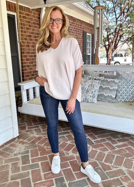 It Just Comes Natural V Neck Top - Sand Beige - Casual Top - Jimberly's Boutique