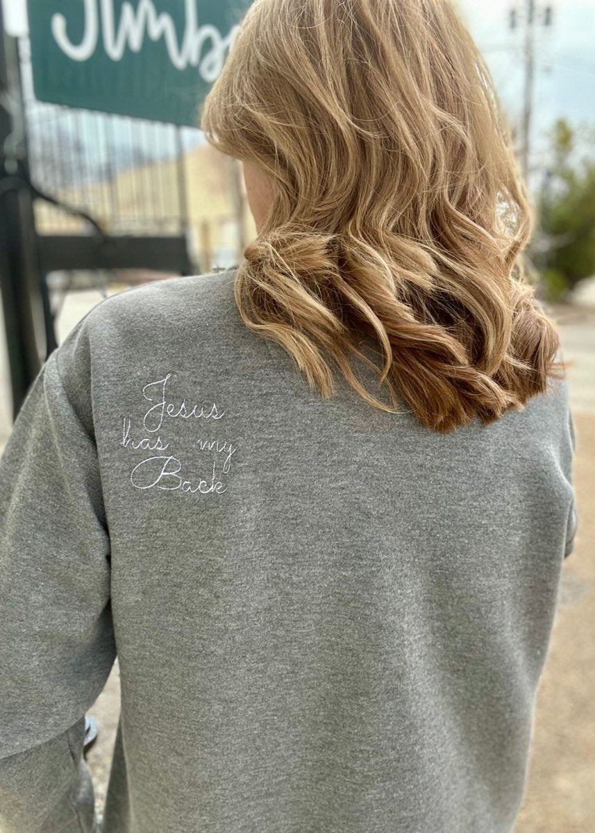 Jesus has my Back/Cross of Nails Pullover | Granite Heather - Embroidered Sweatshirt -Jimberly's Boutique-Olive Branch-Mississippi