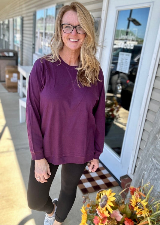 "Jimberly's Deal" DK Plum - Raglan Sleeve Round Neck Pullover - Cotton Pullover - Jimberly's Boutique