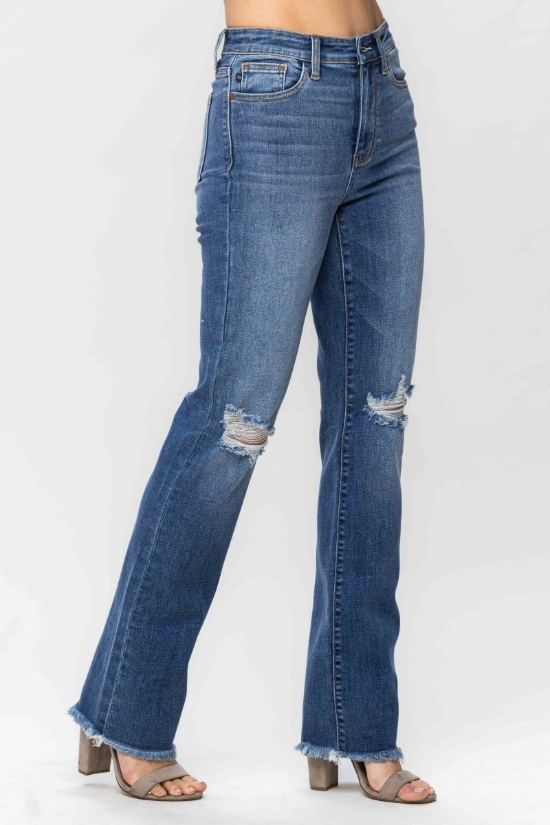Judy Blue Bootcut High Waist Knee Destroy & Fray Hem Straight Jeans - Judy Blue Jeans - Jimberly's Boutique