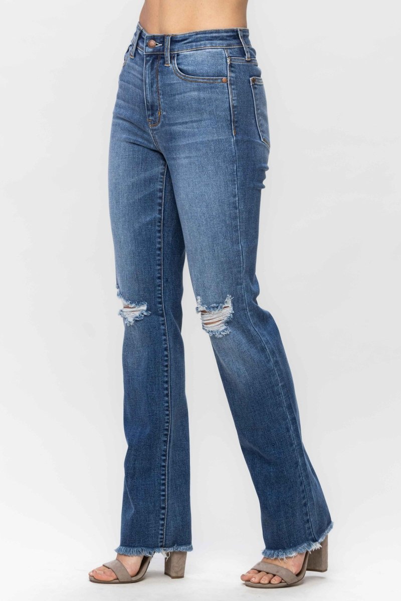 Judy Blue Bootcut High Waist Knee Destroy & Fray Hem Straight Jeans - Judy Blue Jeans - Jimberly's Boutique