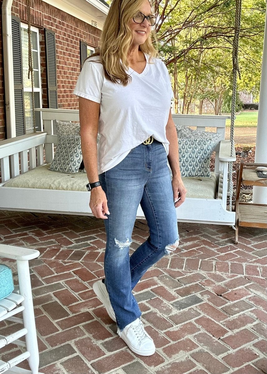 Judy Blue Bootcut High Waist Knee Destroy & Fray Hem Straight Jeans - Judy Blue Jeans - Jimberly's Boutique