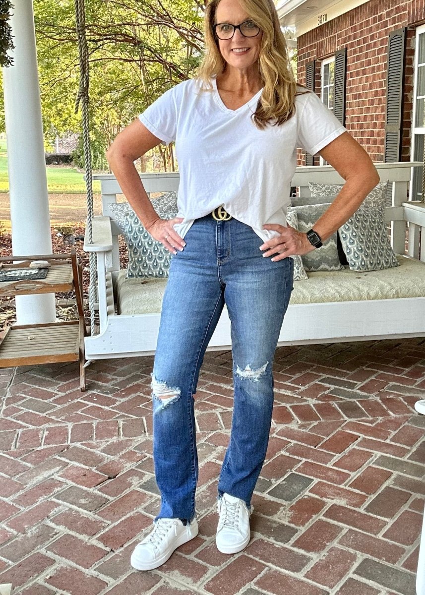 Judy Blue Bootcut High Waist Knee Destroy & Fray Hem Straight Jeans - Judy Blue Jeans - Jimberly's Boutique