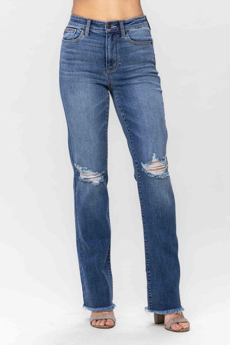 Judy Blue Bootcut High Waist Knee Destroy & Fray Hem Straight Jeans - Judy Blue Jeans - Jimberly's Boutique