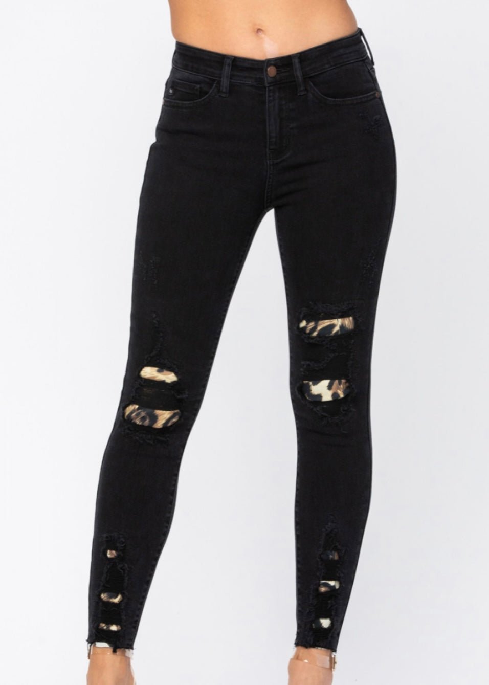 Judy Blue Karma Black Destroyed Leopard Patch Skinny Jeans - jeans - Jimberly's Boutique