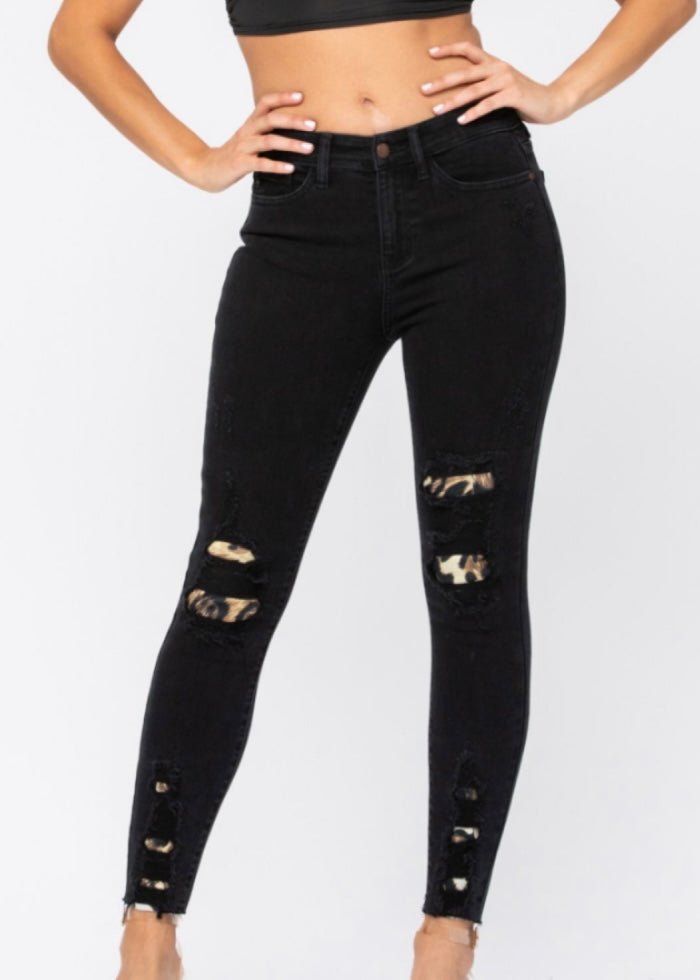 Judy Blue Jeans | Black Destroyed | Leopard Patch | Skinny - Judy Blue Jeans -Jimberly's Boutique-Olive Branch-Mississippi