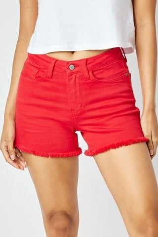 Judy Blue Mid Rise Garment Dyed Fray Hem Shorts - Red - shorts -Jimberly's Boutique-Olive Branch-Mississippi