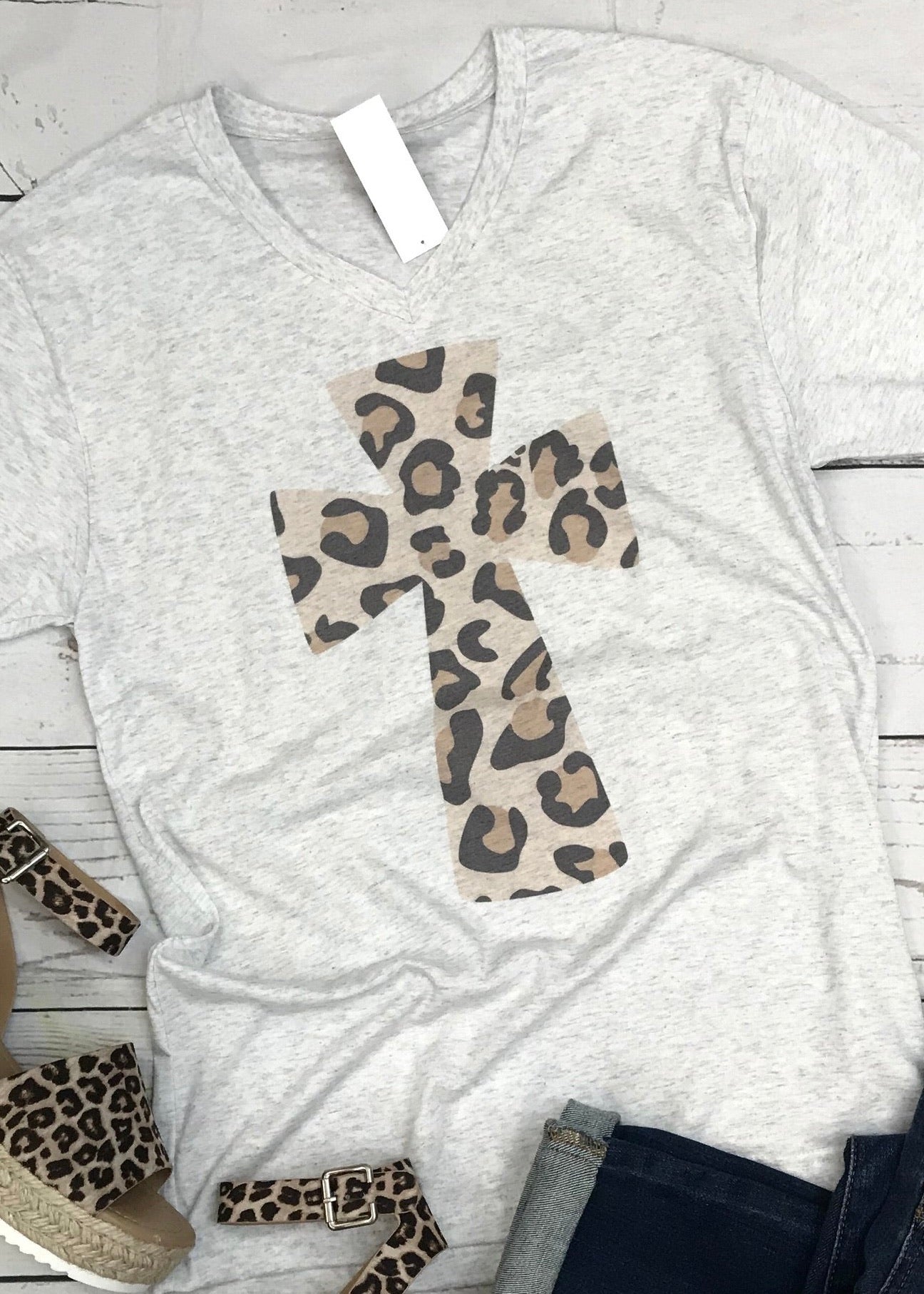 Leopard Cross V Neck Graphic Tee - Jimberly's Boutique