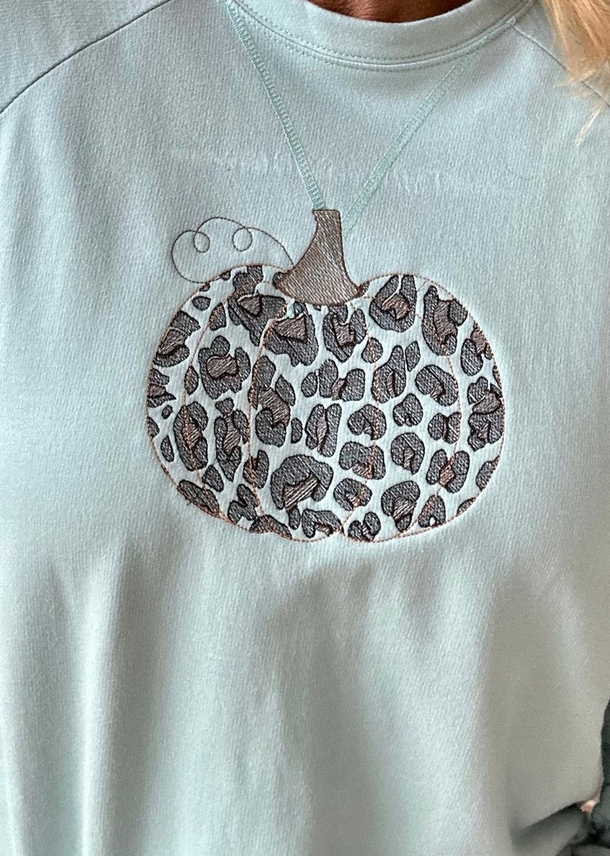 Leopard Pumpkin | Embroidered | Light Green | Lightweight Sweatshirt - Embroidered Lightweight Sweatshirtshirt - Jimberly's Boutique