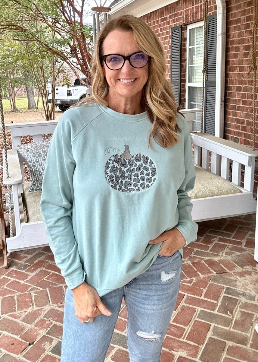Leopard Pumpkin | Embroidered | Light Green | Lightweight Sweatshirt - Embroidered Lightweight Sweatshirtshirt - Jimberly's Boutique