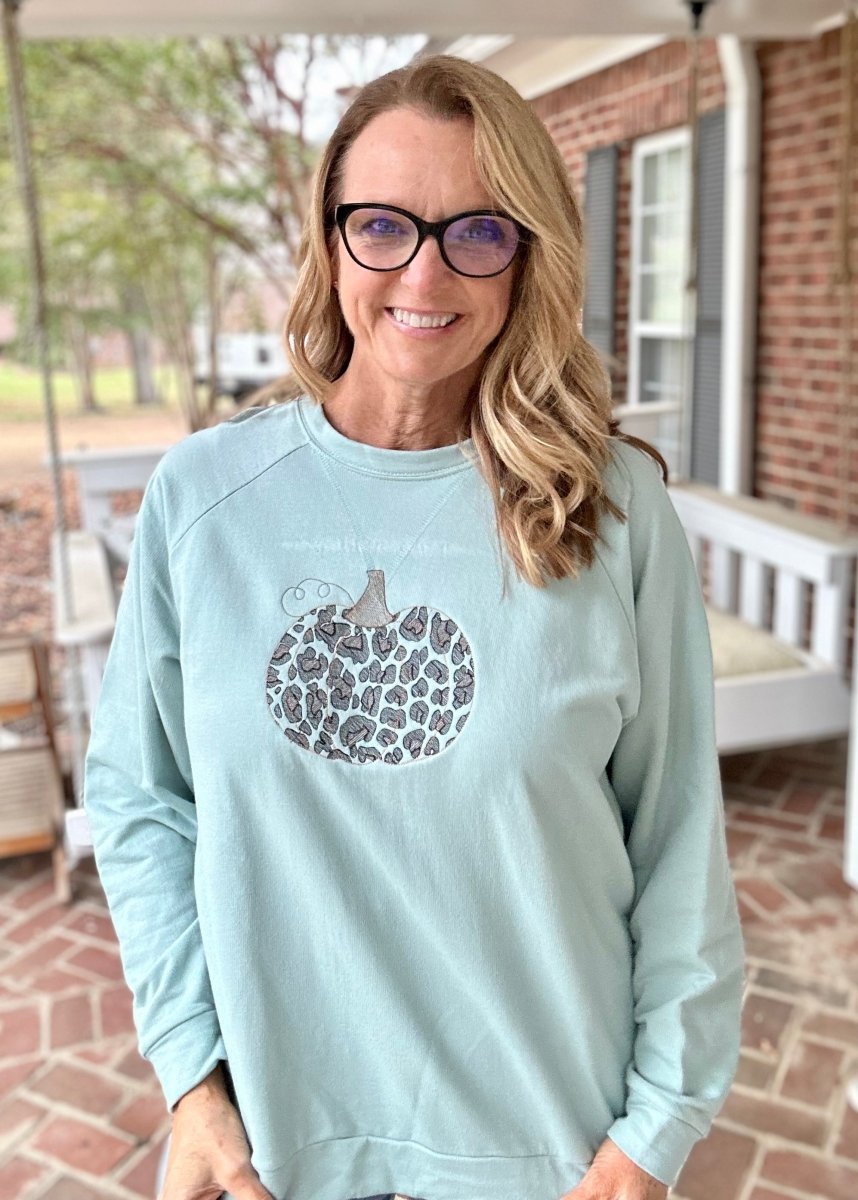 Leopard Pumpkin | Embroidered | Light Green | Lightweight Sweatshirt - Embroidered Lightweight Sweatshirtshirt - Jimberly's Boutique