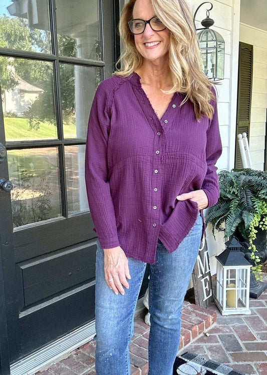 Lightweight | Button Down | V Neck | Raw Edge Shirt | Eggplant - Button Down Top - Jimberly's Boutique