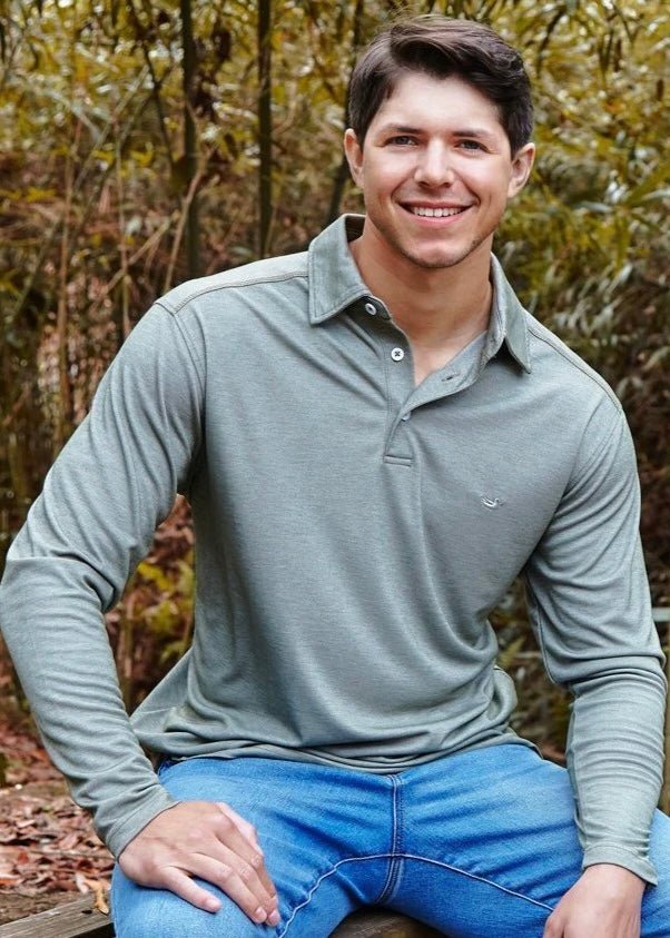 Long Sleeve Jackson Performance Polo - Burnt Green & Midnight Grey - Southern Slub Polo - Jimberly's Boutique